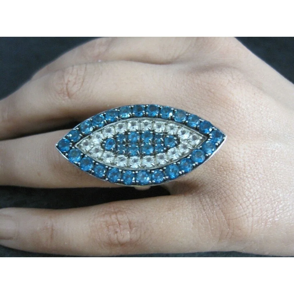 Large Sterling Blue & White Topaz Eye Ring Size 6